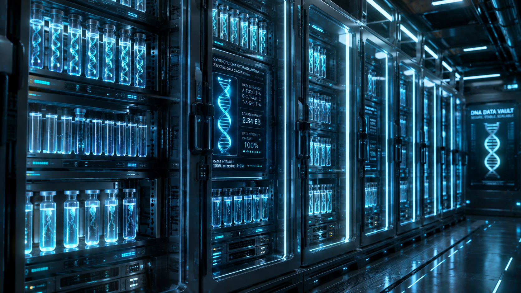 Server room with biological DNA vials instead of hard drives